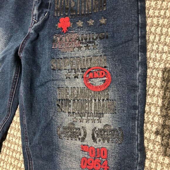 Navy blue vintage designer style 90s baggy jeans with red accents - Picture 5 of 7